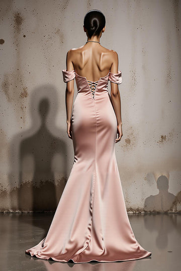 Mermaid Off The Shoulder Light Pink Satin Maxi Evening Dress